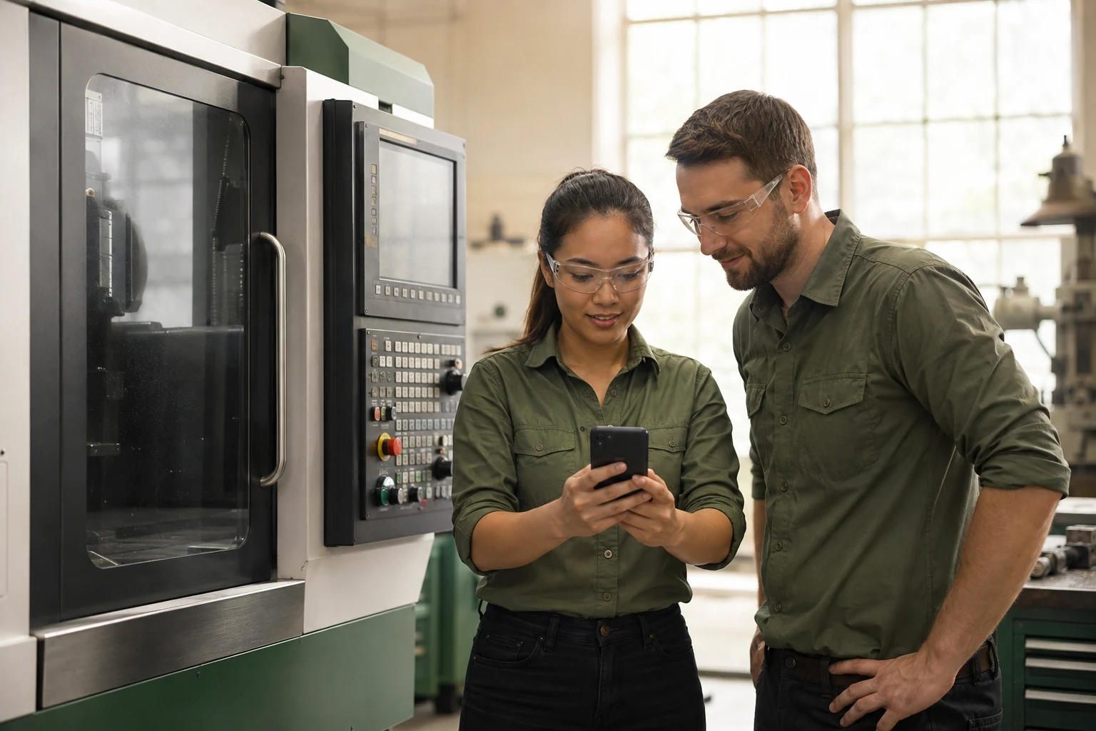 Illustrative scene of two colleagues using a phone to learn beside an enclosed industrial CNC machine